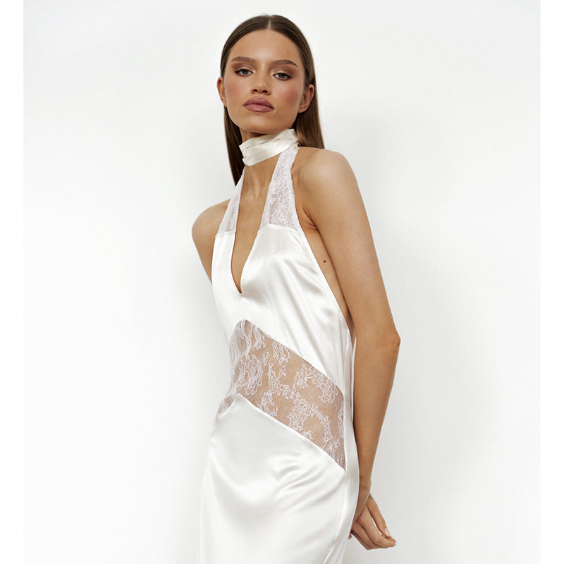 V-neck Halter Backless Lace Patchwork Long Dress Evening Gown