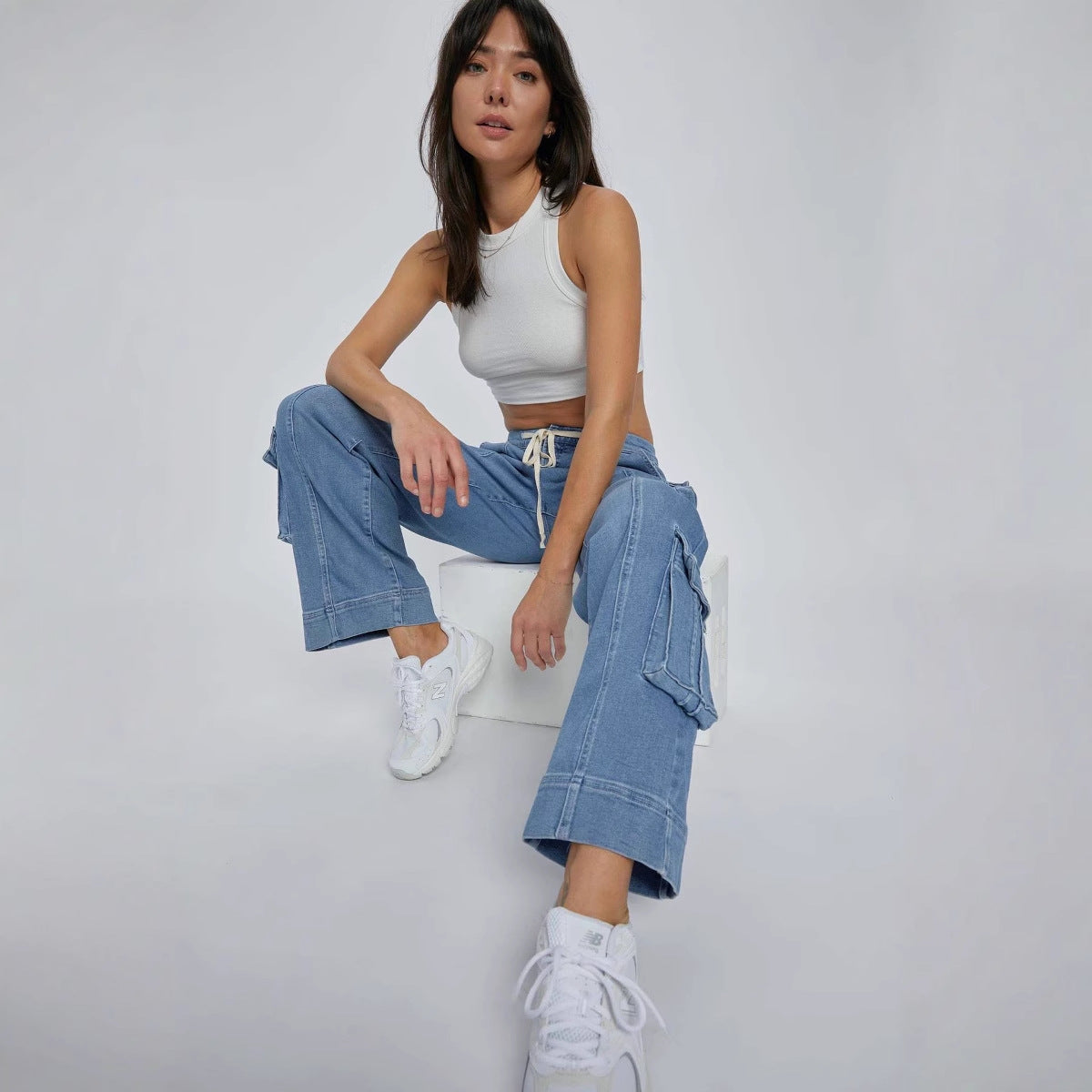 Street Style Washed Cargo Pants for Women with Multiple Pockets, Wide Legs, and Drawstring Jeans