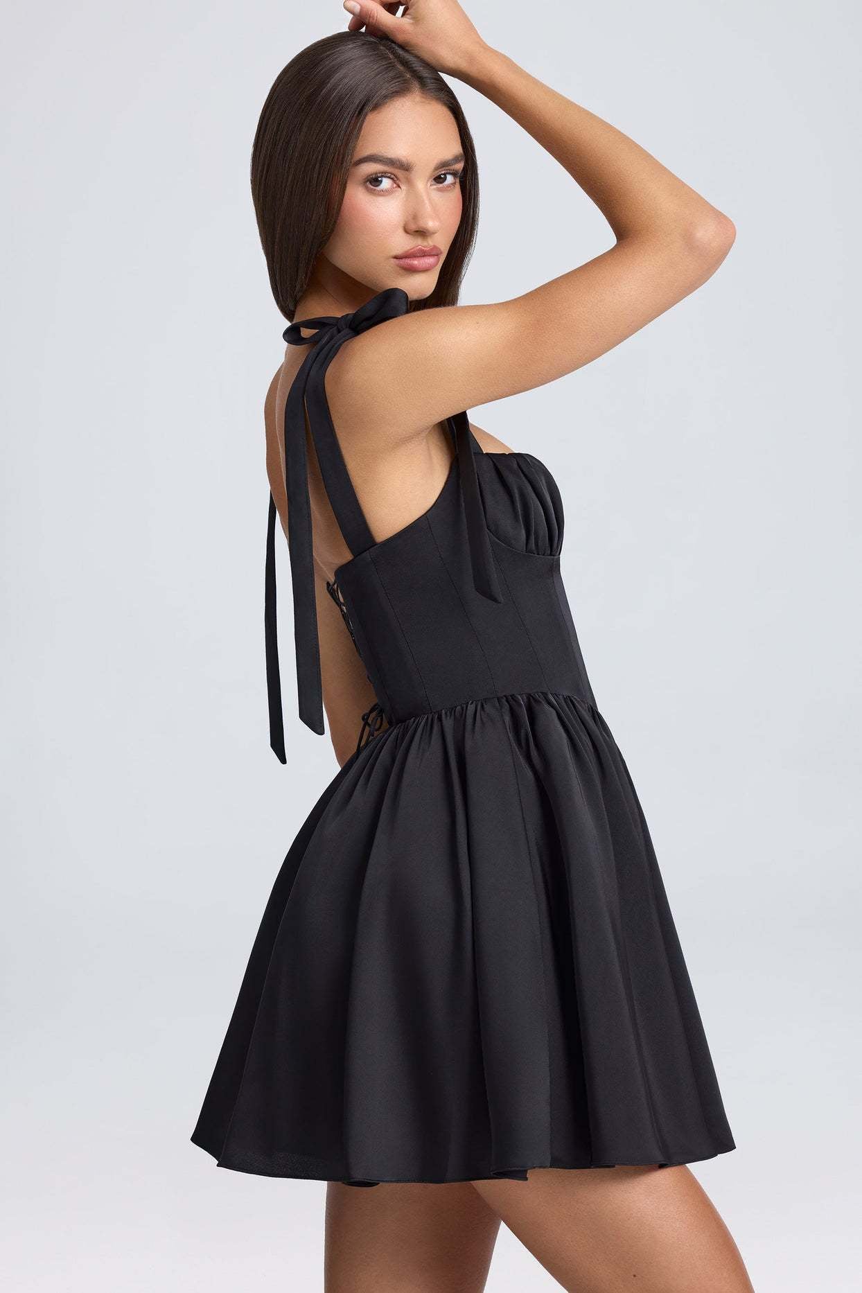 Square Neck High Waist Pleated Patchwork Tie Strap Puff Dress