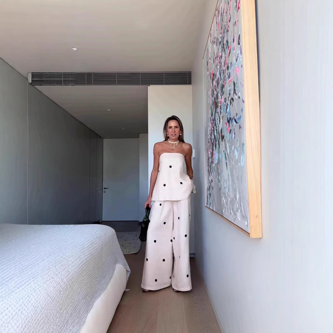 Black Dot Polka Dot Sleeveless Tube Top Top Casual Loose Trousers Suit