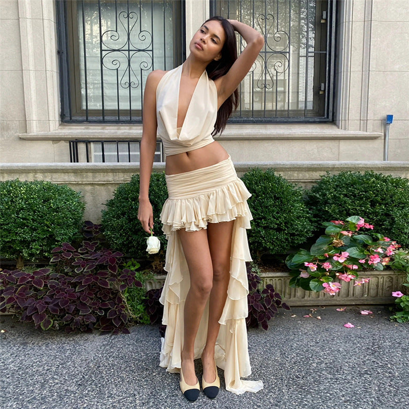 Solid Color Slim Fit Halter Neck Tank Top Fashion Low Waist Skirt Set