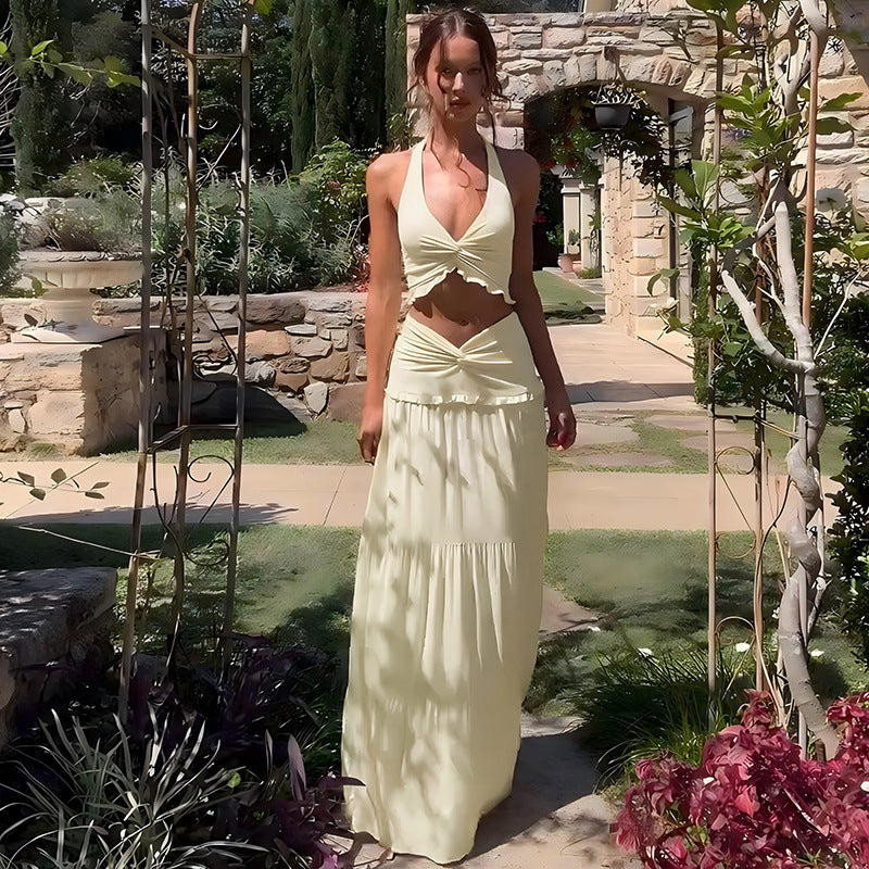 Sexy V-neck Wooden Ear Halter Spaghetti Straps Twisted Dress Two-Piece Set