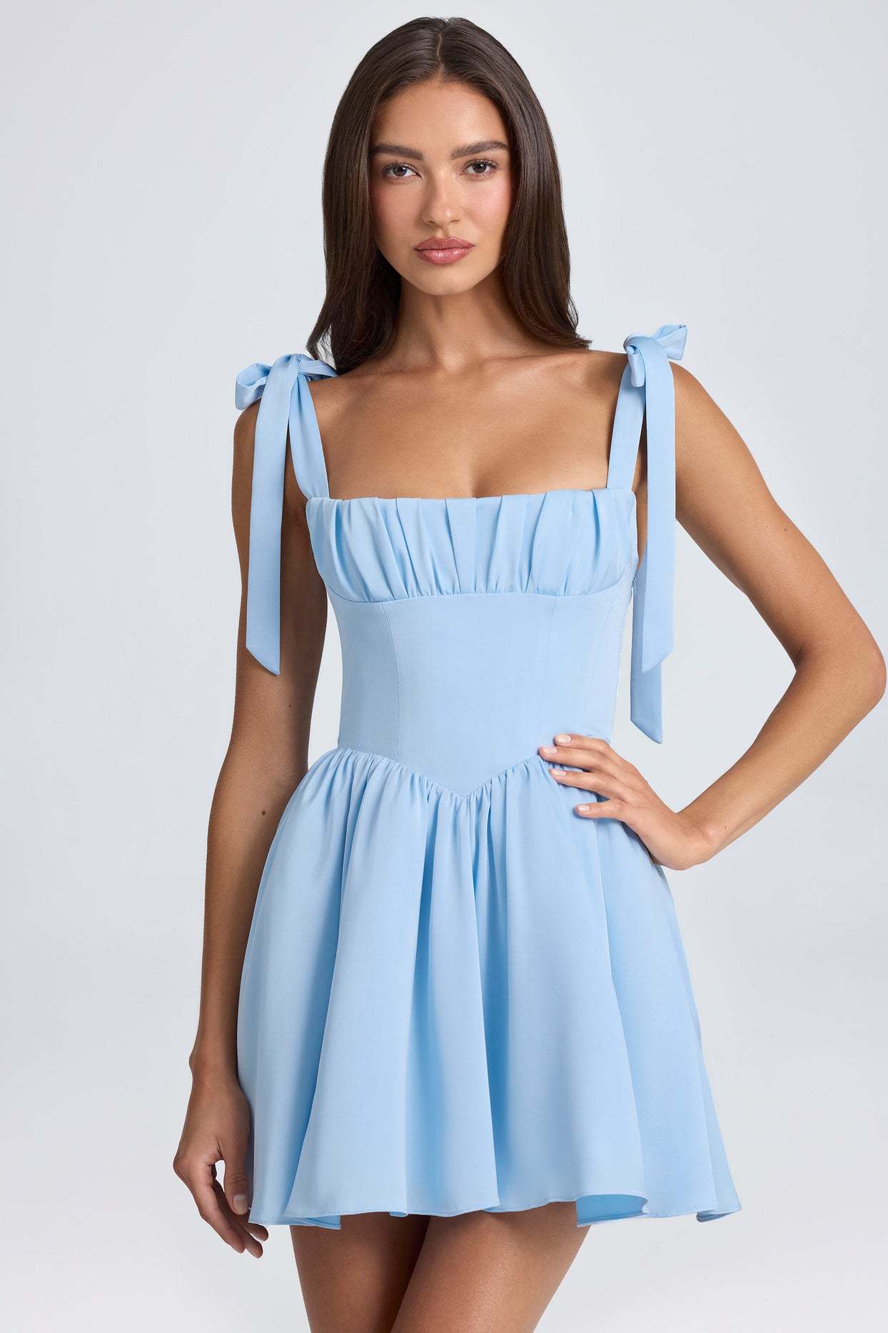 Square Neck High Waist Pleated Patchwork Tie Strap Puff Dress