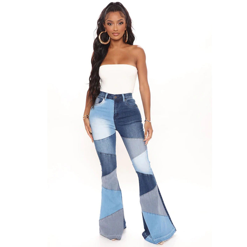 Stretchy Wide-Leg Patchwork Jeans