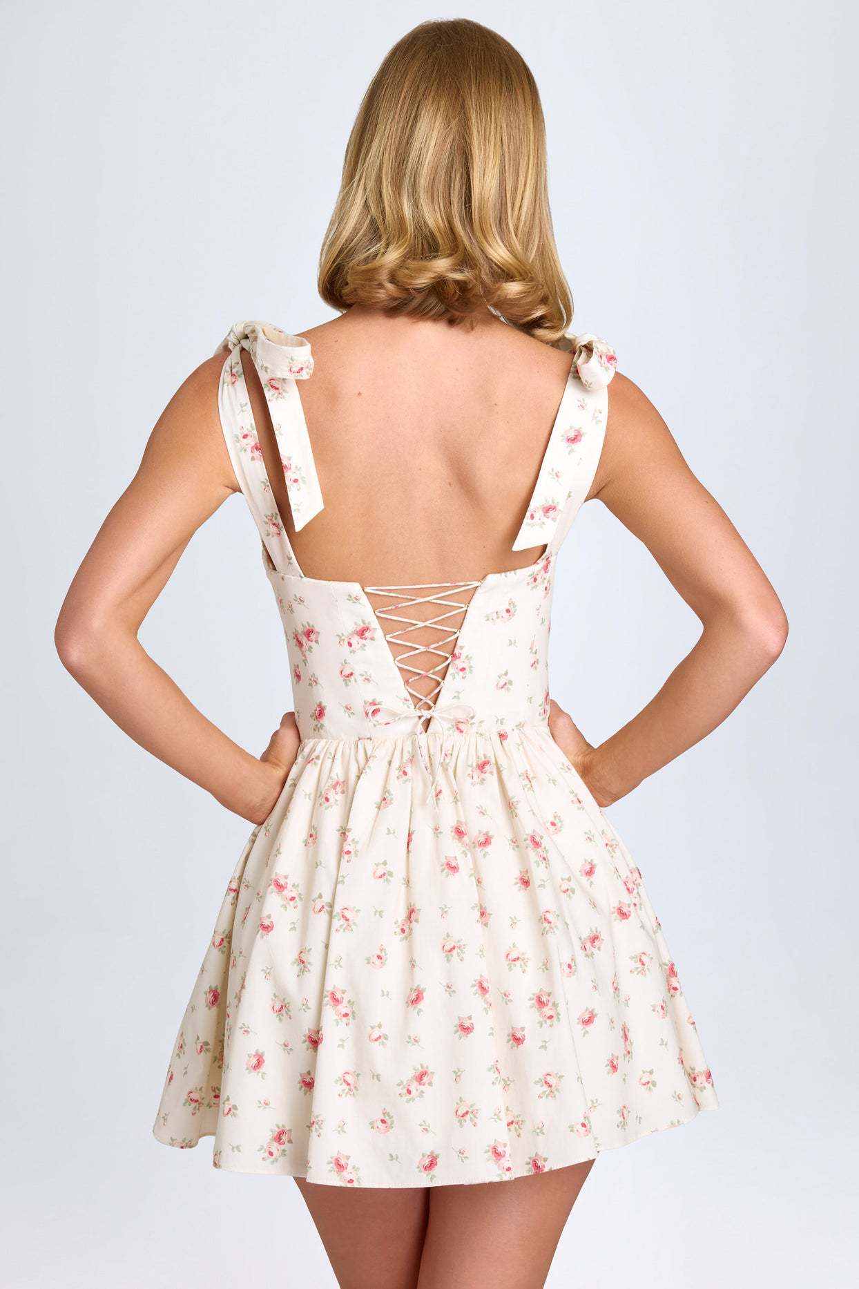 Square Neck High Waist Pleated Patchwork Tie Strap Puff Dress
