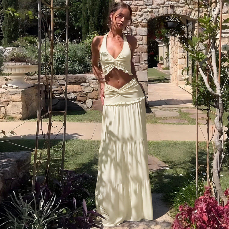 Sexy V-neck Wooden Ear Halter Spaghetti Straps Twisted Dress Two-Piece Set