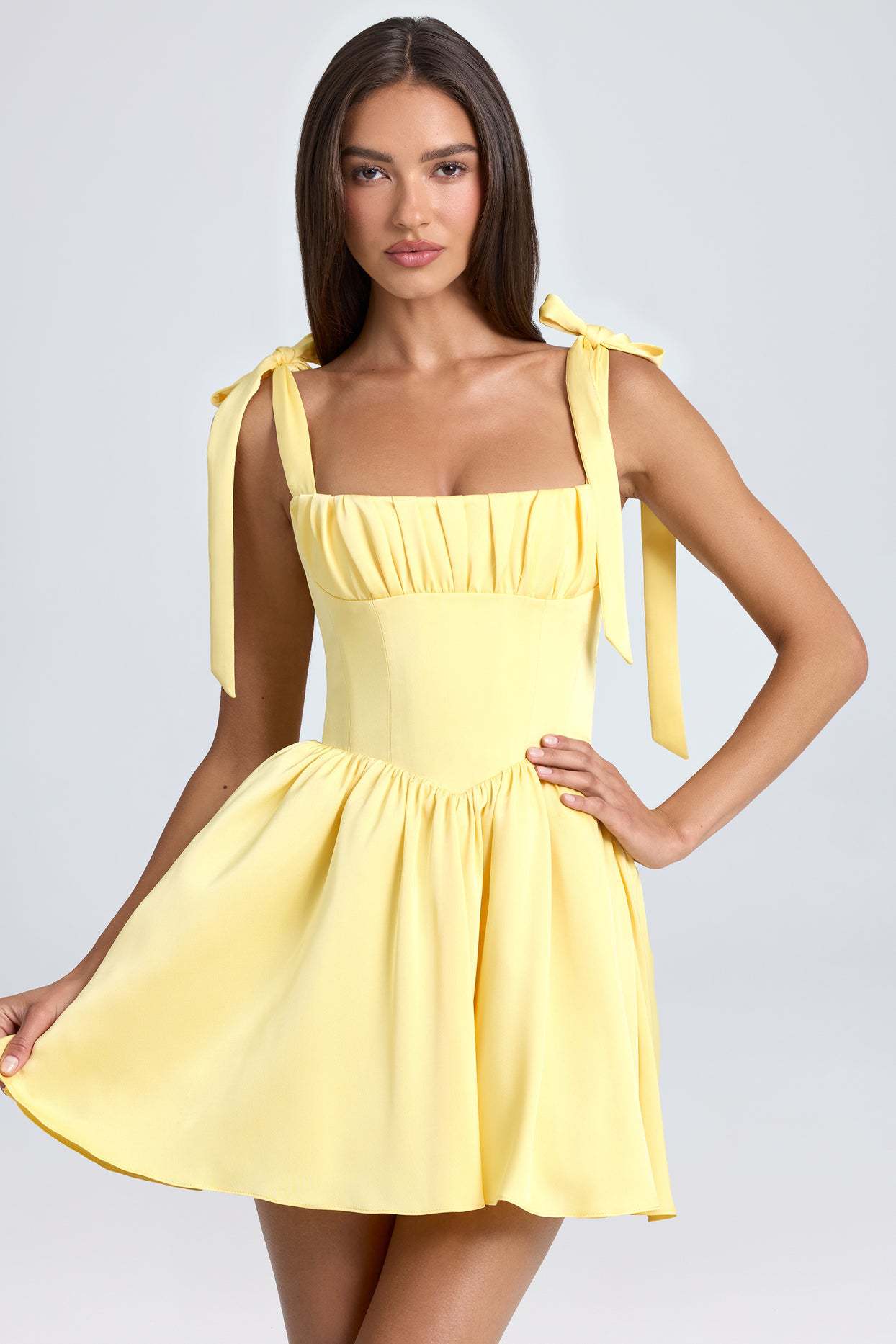 Square Neck High Waist Pleated Patchwork Tie Strap Puff Dress