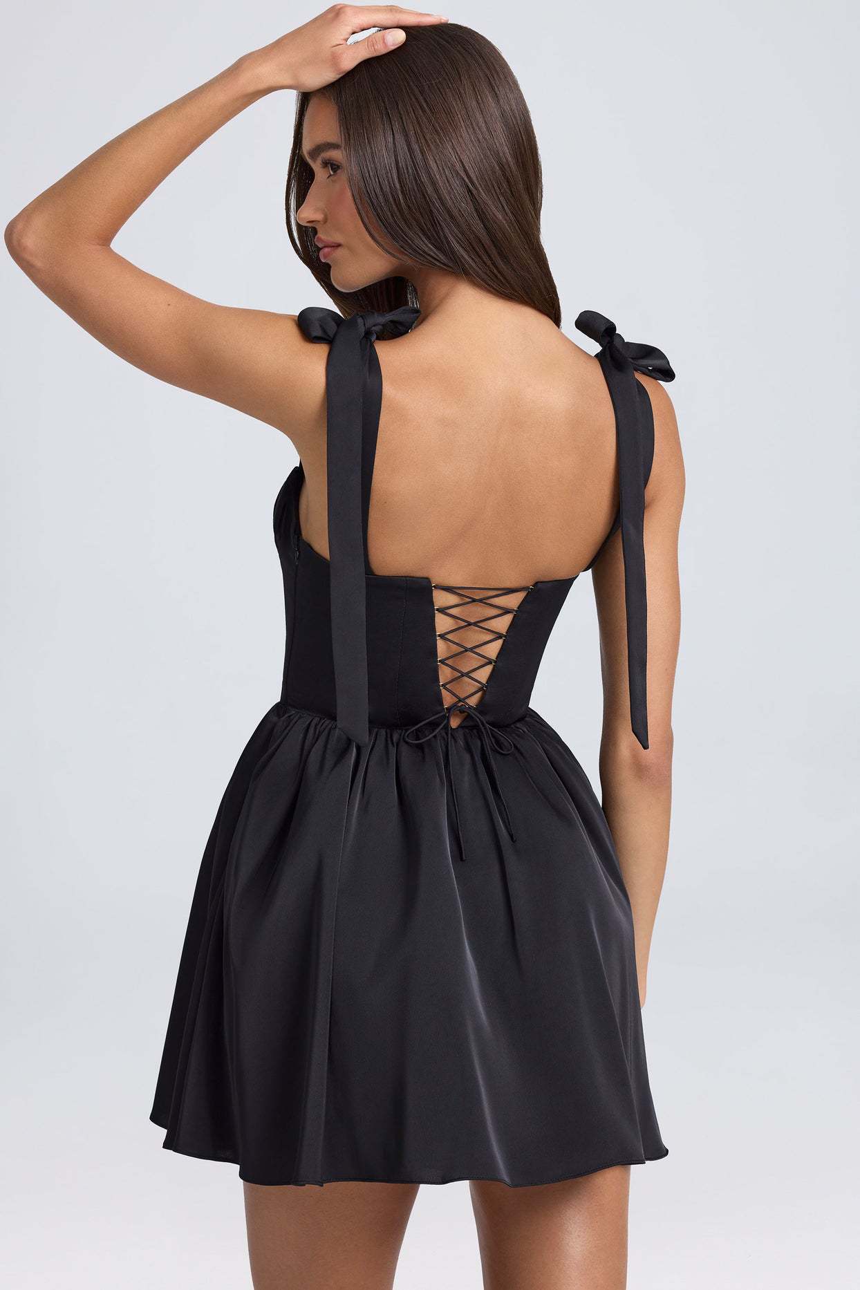 Square Neck High Waist Pleated Patchwork Tie Strap Puff Dress