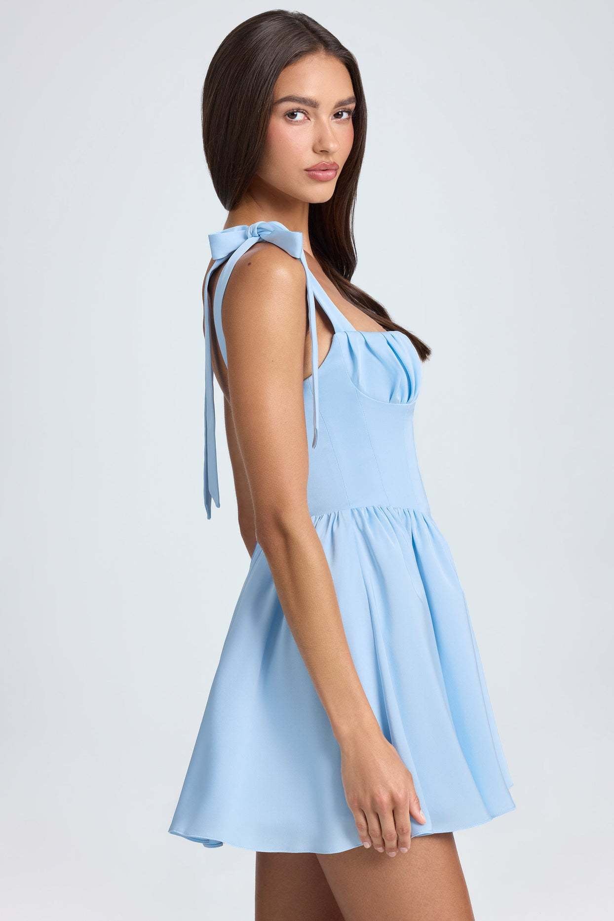 Square Neck High Waist Pleated Patchwork Tie Strap Puff Dress