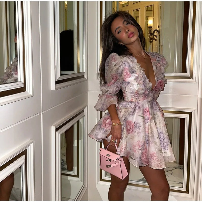 French Sweet Printed Waist-Controlled Dress Short Skirt Floral V-neck