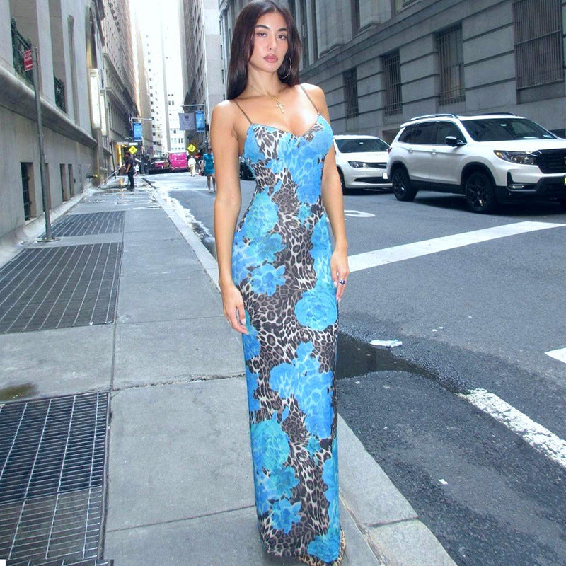 Long Dress Street Style Elegant Slim Fit Printed Design Sense Strap Dress