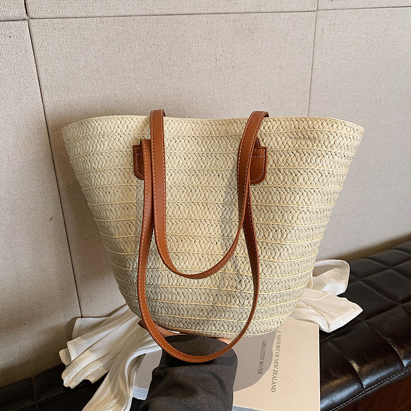 All-Match Simple Shoulder Straw Bag New Large Capacity Woven Bag Tote Bag Women's Seaside Vacation Beach Bag