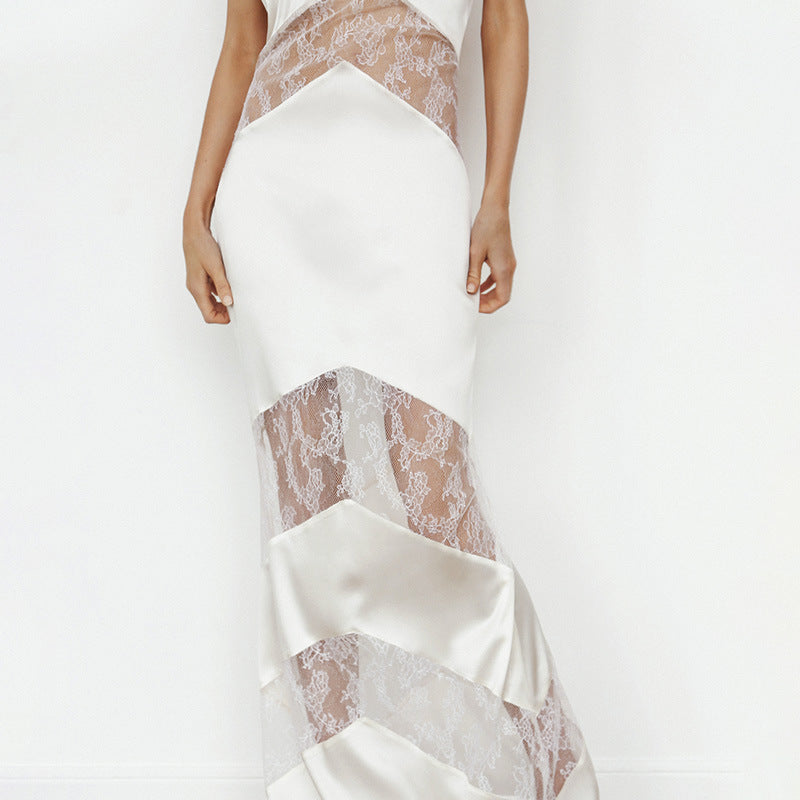V-neck Halter Backless Lace Patchwork Long Dress Evening Gown