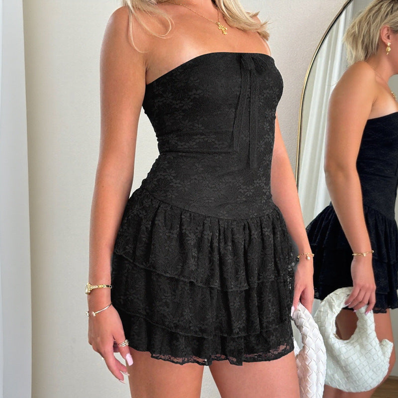 Elegant Cute Style Dress Strapless Black Tiered Dress Summer Mini Dress