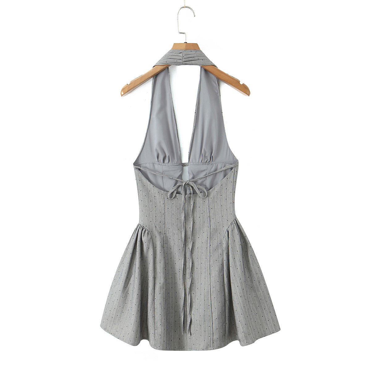 Rhinestone Embellished Halter Neck Dress with High-End Feel, Deep V-Neck, Pleated Waist, Formal Short Dress