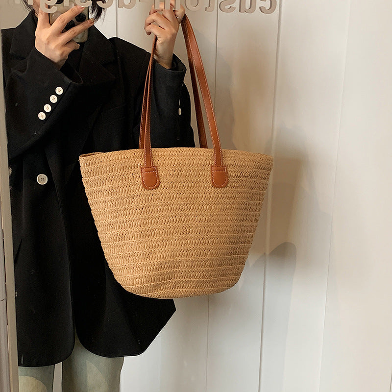 All-Match Simple Shoulder Straw Bag New Large Capacity Woven Bag Tote Bag Women's Seaside Vacation Beach Bag