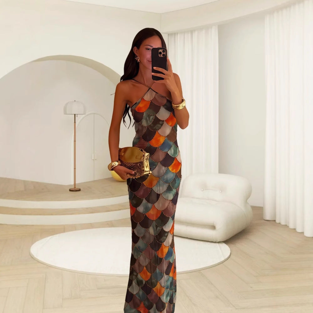 Vacation Style Sleeveless Halter Dress Women's Printed Backless Waist Trimming Long Dress