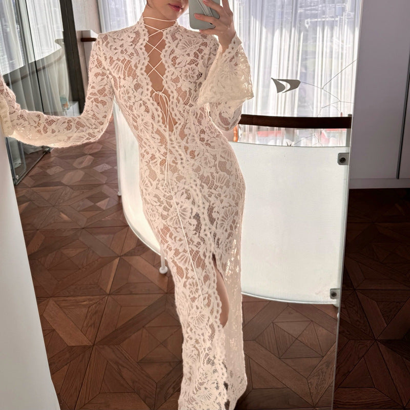 Strappy Lace Dress with Slit and Long Sleeves