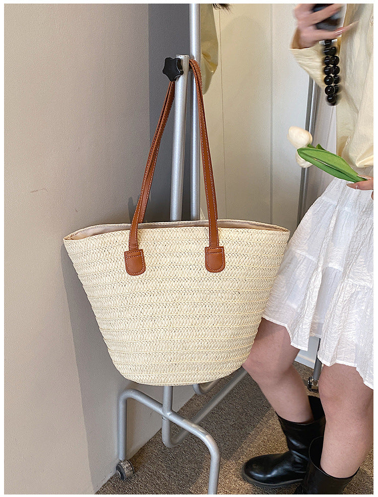 All-Match Simple Shoulder Straw Bag New Large Capacity Woven Bag Tote Bag Women's Seaside Vacation Beach Bag