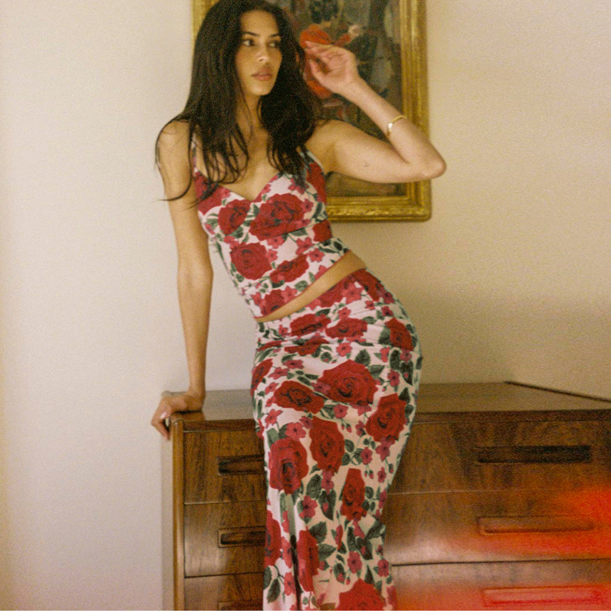 Floral Print V-neck Camisole Bodycon Long Dress Set