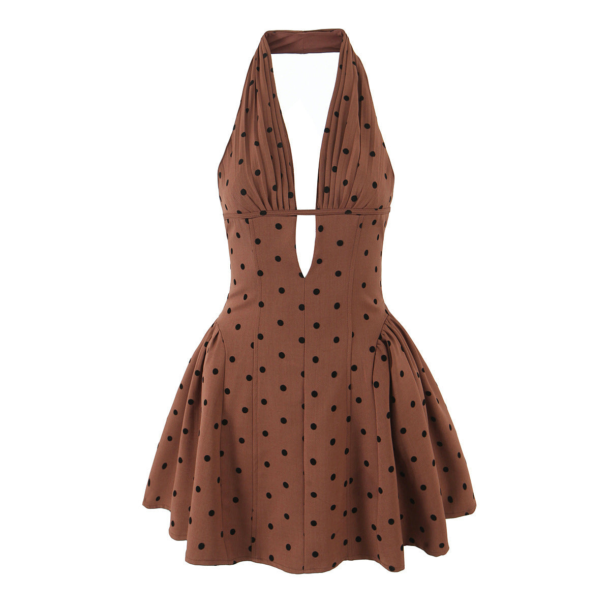 Rhinestone Embellished Halter Neck Dress with High-End Feel, Deep V-Neck, Pleated Waist, Formal Short Dress