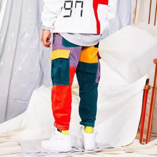 Corduroy Patchwork Color Block Jeans Casual Cargo Pants