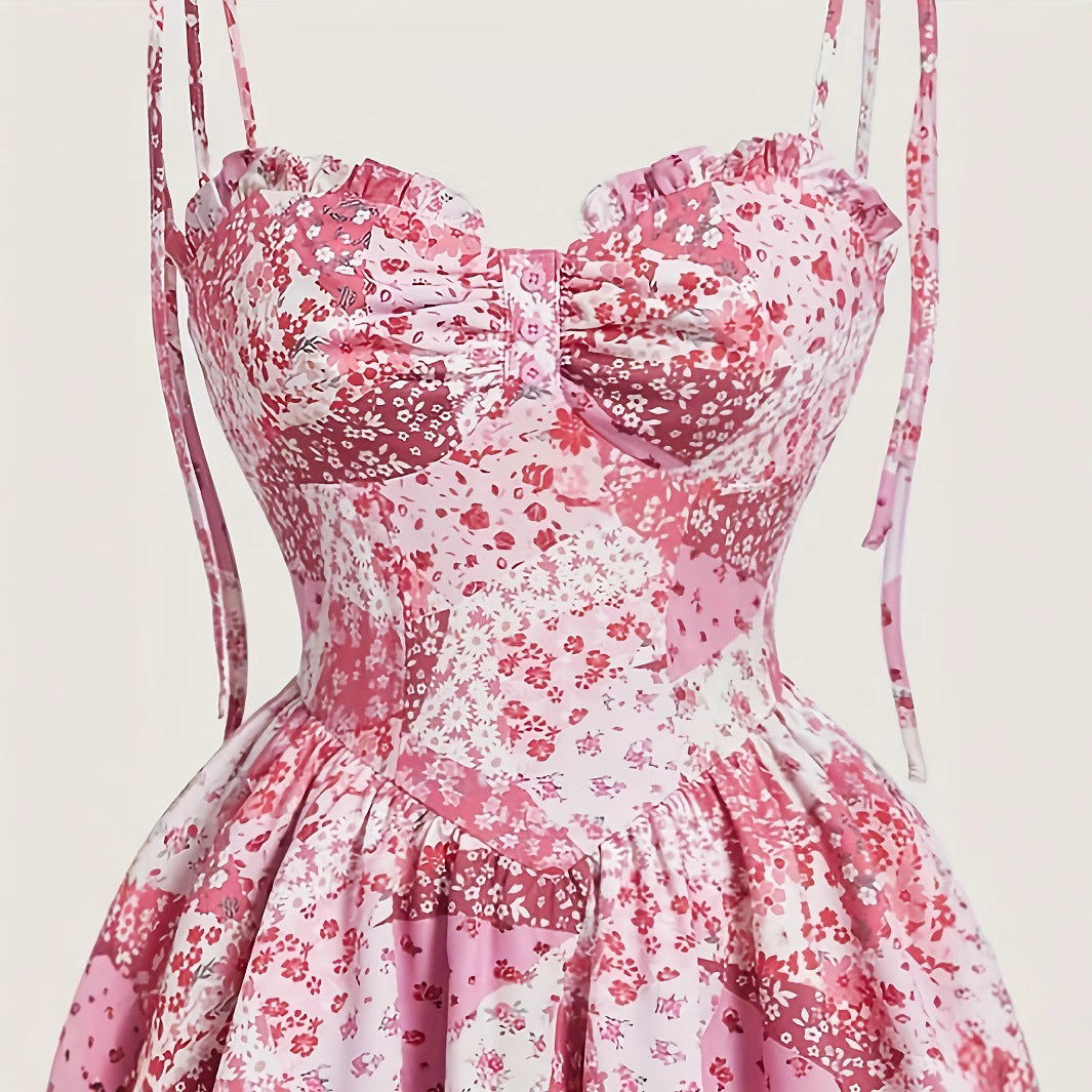 Floral Suspender Layered Dress Vintage Pink Double Hem Dress