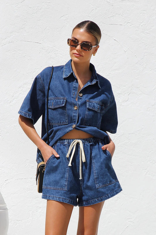 Loose Pocket Short Sleeve Shirt and Denim Two-Piece Set