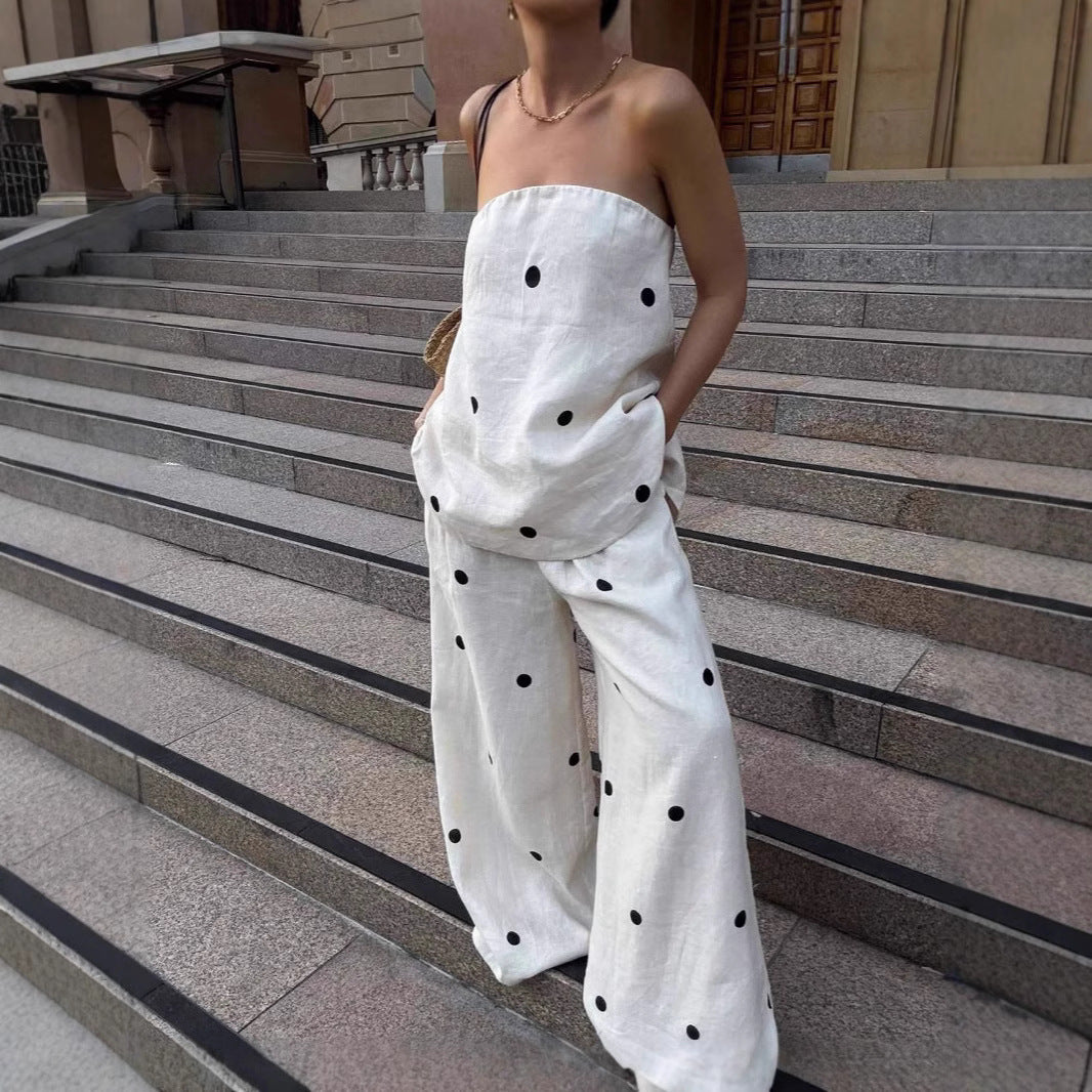 Black Dot Polka Dot Sleeveless Tube Top Top Casual Loose Trousers Suit