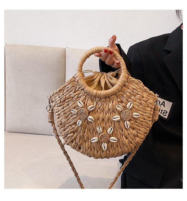Vacation Style Drawstring Straw Bag Shell Bag Single Shoulder Crossbody Bag