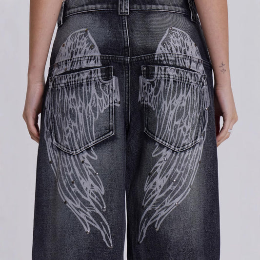 Washed Vintage Gradient Wing Print Retro Wide-Leg Jeans