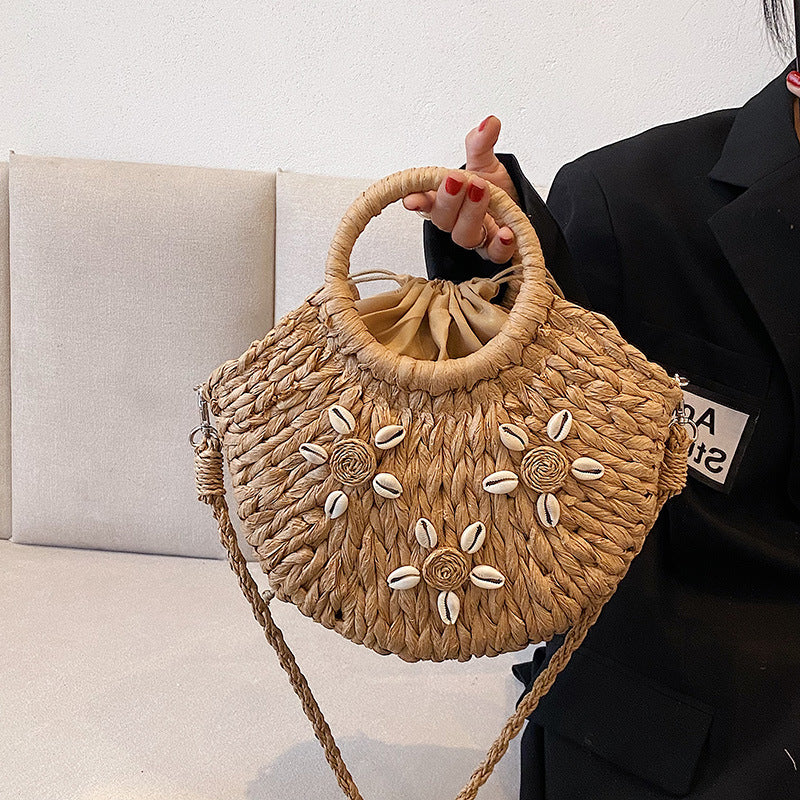 Vacation Style Drawstring Straw Bag Shell Bag Single Shoulder Crossbody Bag
