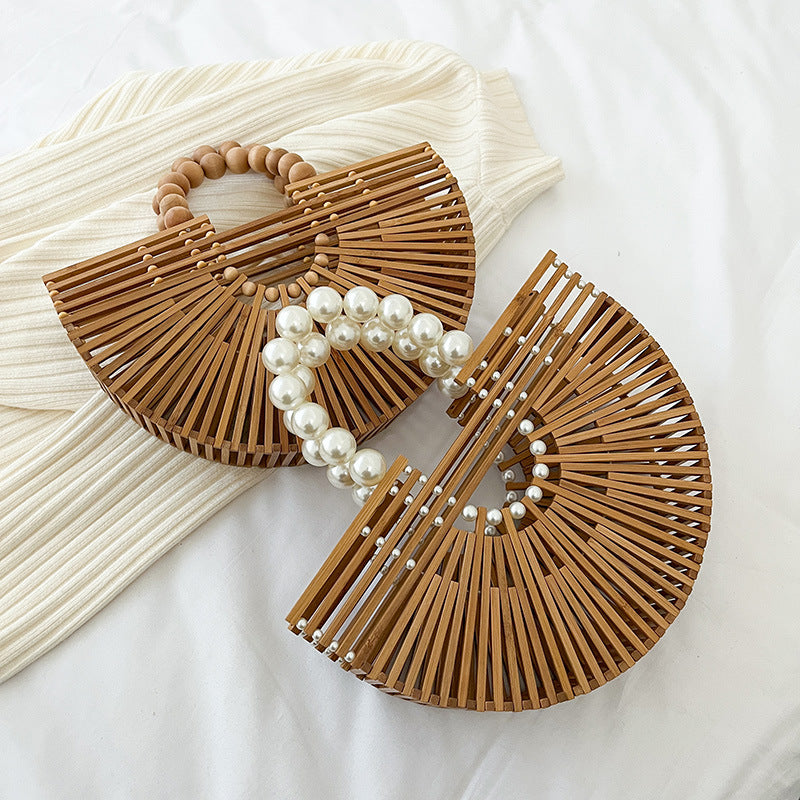 Hand-Woven Bamboo Handle Bag, Beach Vacation Handbag