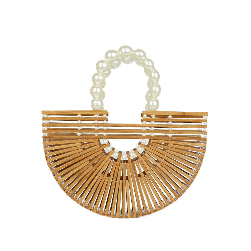 Hand-Woven Bamboo Handle Bag, Beach Vacation Handbag