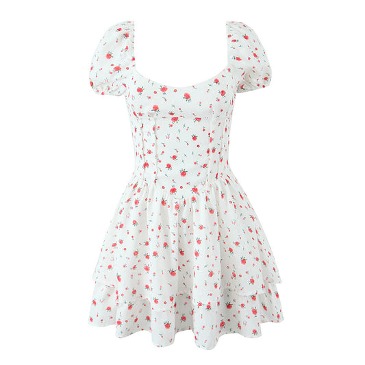 Strap Waist Slimming Layered Cake Puff Sleeve Dress
