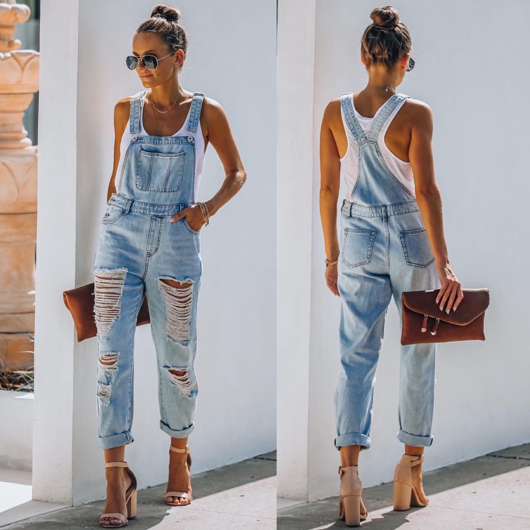 Denim Jumpsuit Light Waist Blue Jeans for Women