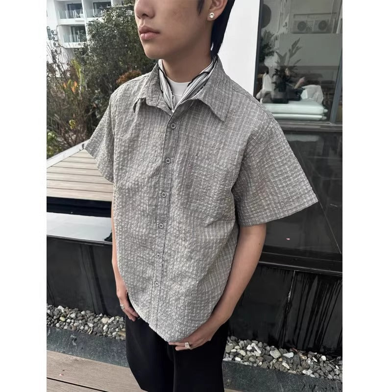 Plaid Bubble Gauze Short Sleeve Shirt for Men