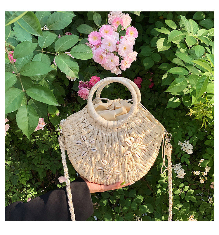 Vacation Style Drawstring Straw Bag Shell Bag Single Shoulder Crossbody Bag