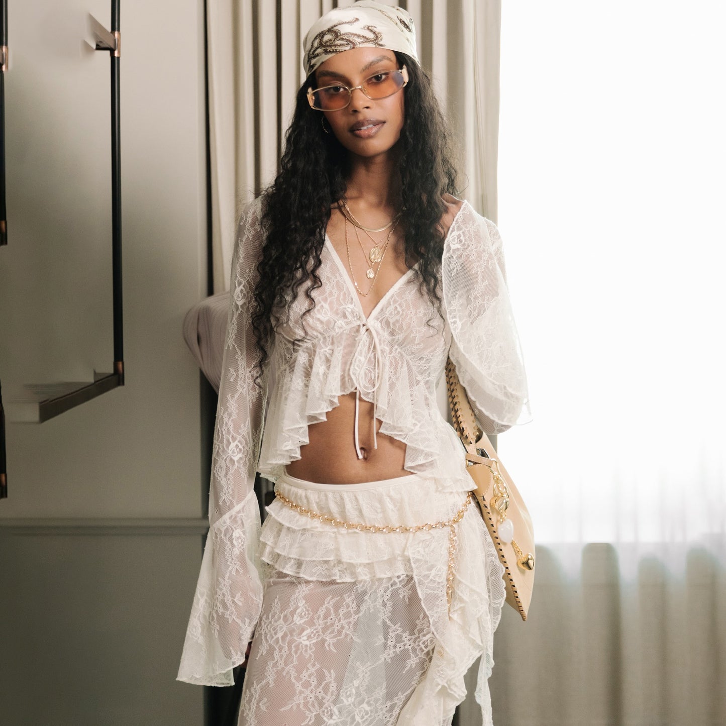 Vacation Beach Style Lace Navel Mesh Suit Two-Piece Set