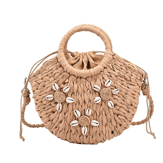 Vacation Style Drawstring Straw Bag Shell Bag Single Shoulder Crossbody Bag