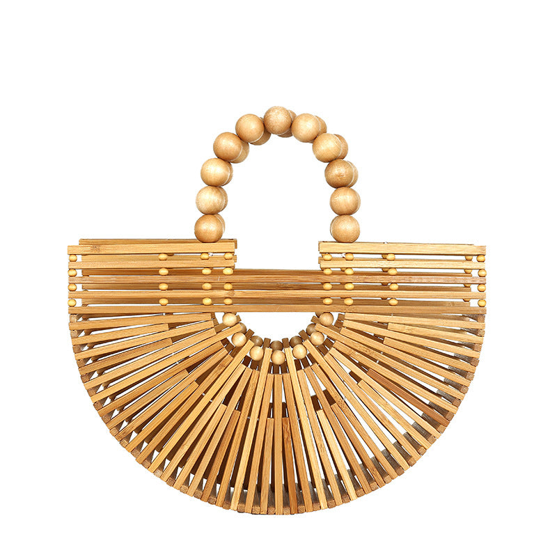 Hand-Woven Bamboo Handle Bag, Beach Vacation Handbag
