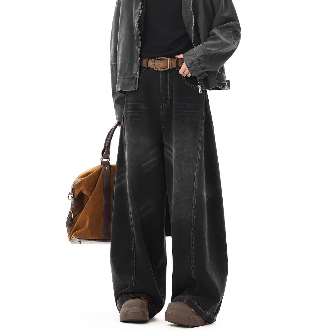 Loose Fit Straight Wide Leg Jeans for Men with Curved Knife Design