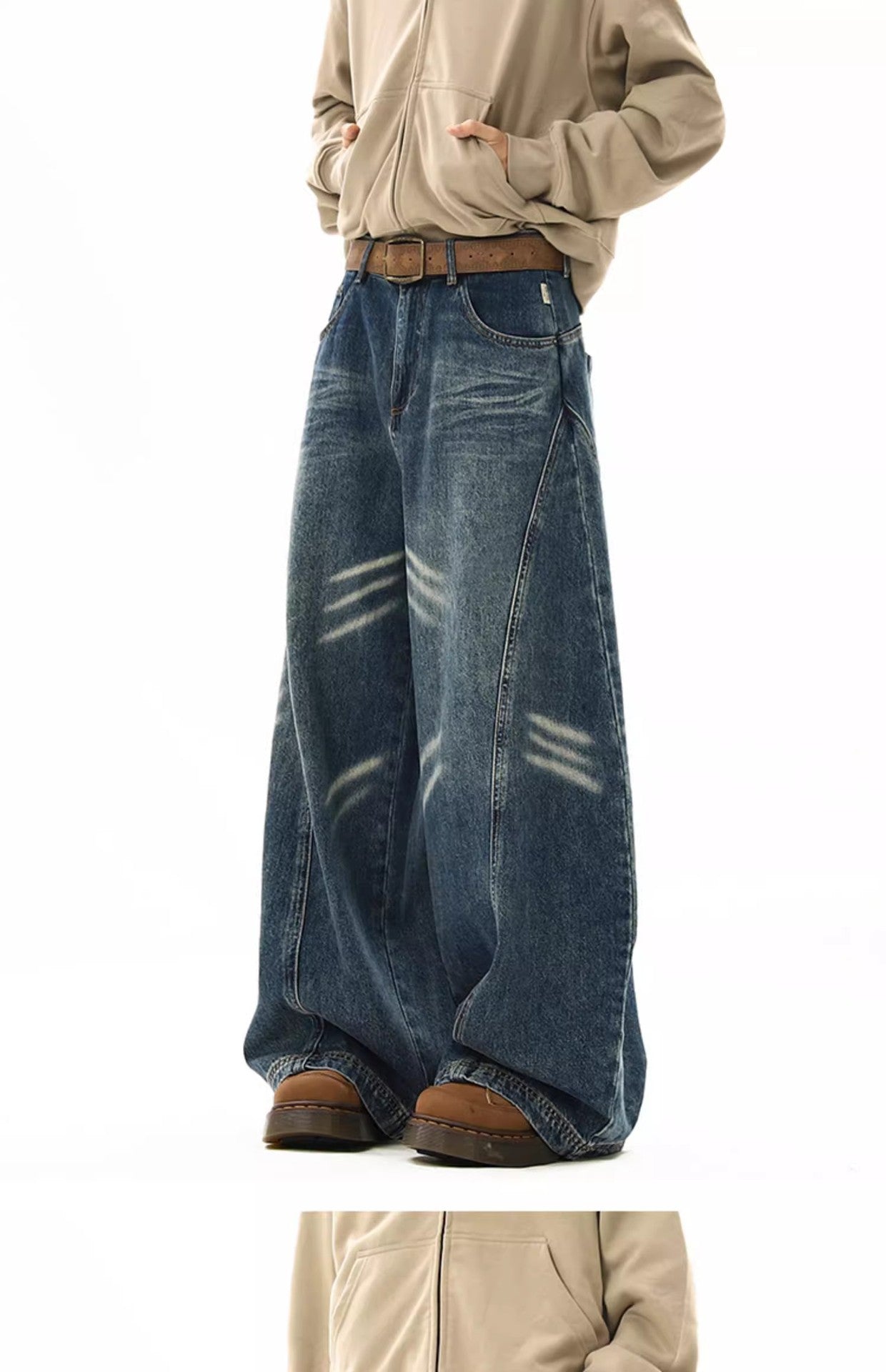 Loose Fit Straight Wide Leg Jeans for Men with Curved Knife Design
