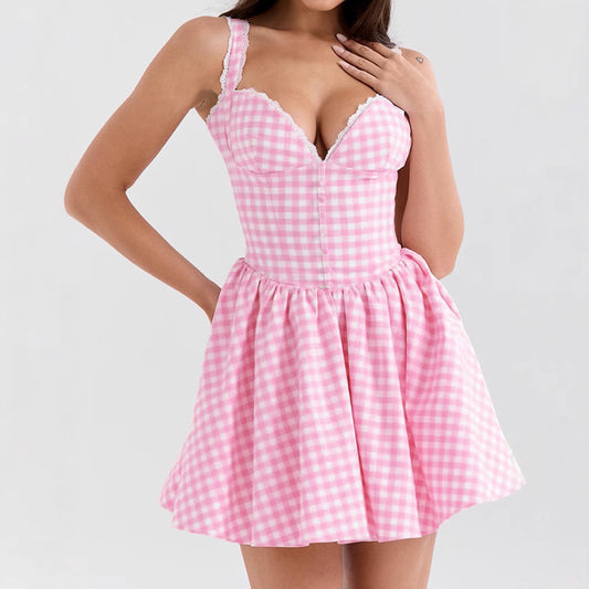 Sweet and Spicy Style Plaid Waist-Cinching Backless Strap Dress