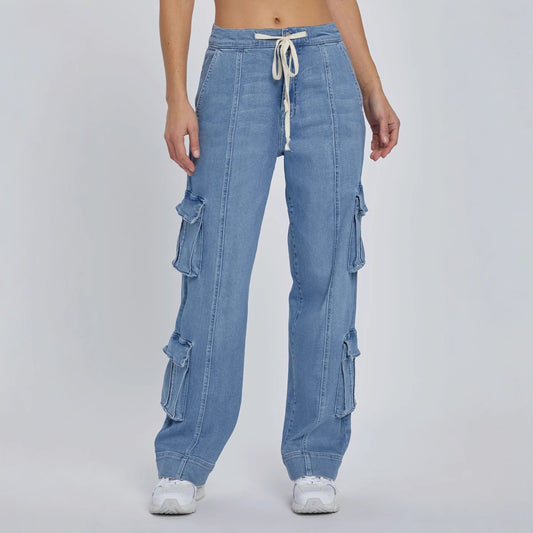 Street Style Washed Cargo Pants for Women with Multiple Pockets, Wide Legs, and Drawstring Jeans