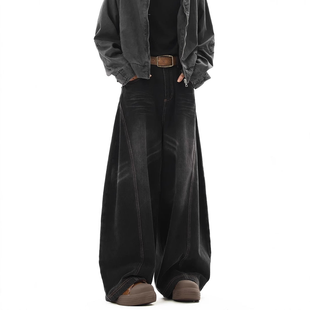 Loose Fit Straight Wide Leg Jeans for Men with Curved Knife Design