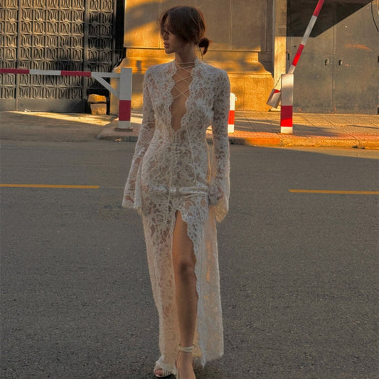 Strappy Lace Dress with Slit and Long Sleeves