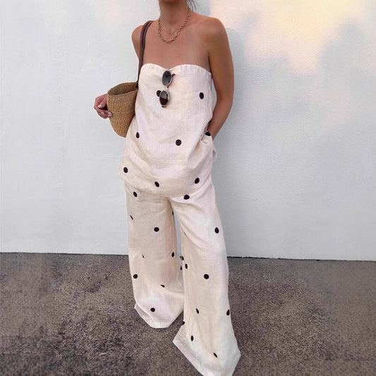 Black Dot Polka Dot Sleeveless Tube Top Top Casual Loose Trousers Suit