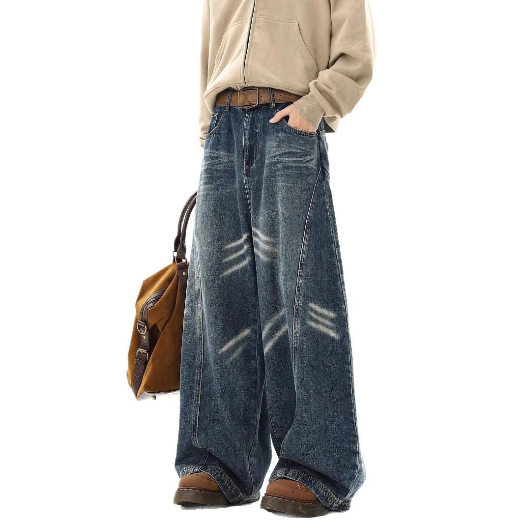 Loose Fit Straight Wide Leg Jeans for Men with Curved Knife Design