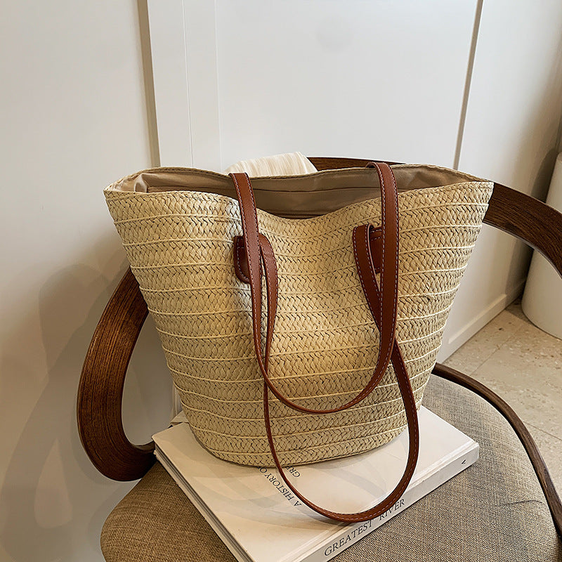 All-Match Simple Shoulder Straw Bag New Large Capacity Woven Bag Tote Bag Women's Seaside Vacation Beach Bag
